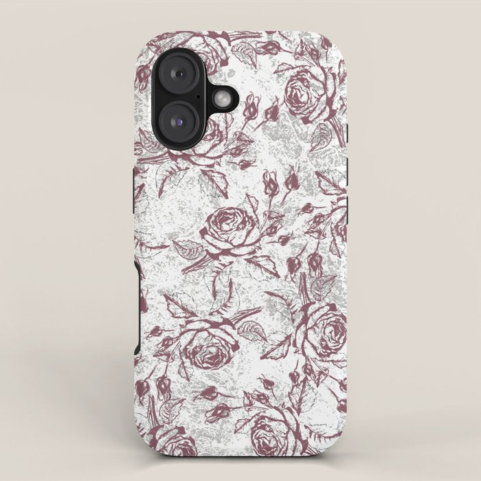 Vintage white gray burgundy floral marble iPhone Case Gallery Image 1