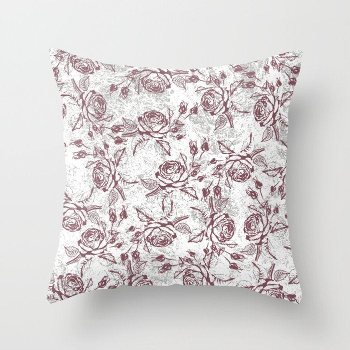 Vintage white gray burgundy floral marble Throw Pillow Gallery Image 6