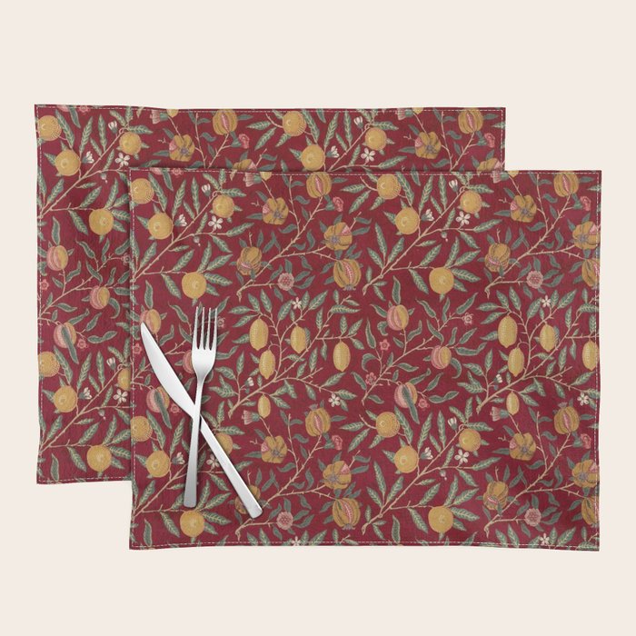 William Morris Vintage Pomegranate Fruit Red Madder Bayleaf Pattern Placemat Gallery Image 1