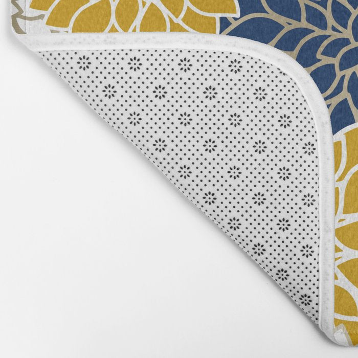 Dahlia Floral Blooms in Navy, Yellow, Gold and White Bath Mat Gallery Image 2