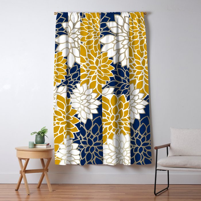 Dahlia Floral Blooms in Navy, Yellow, Gold and White Window Curtain Gallery Image 5