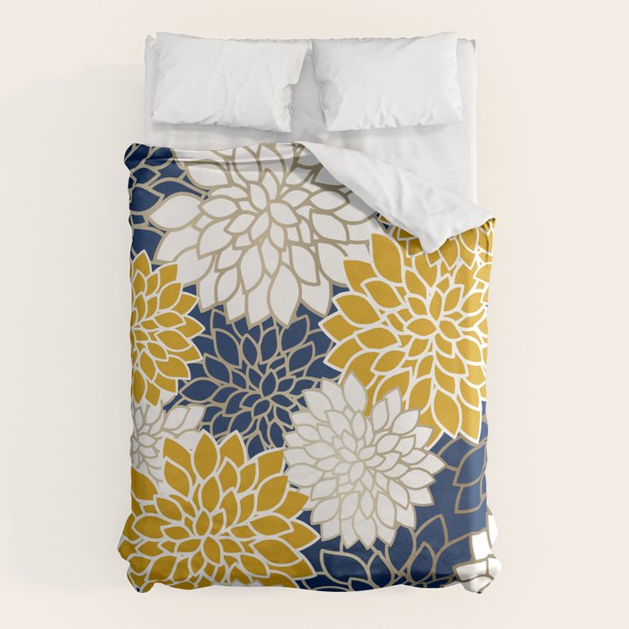 Dahlia Floral Blooms in Navy, Yellow, Gold and White Duvet Cover Gallery Image 6