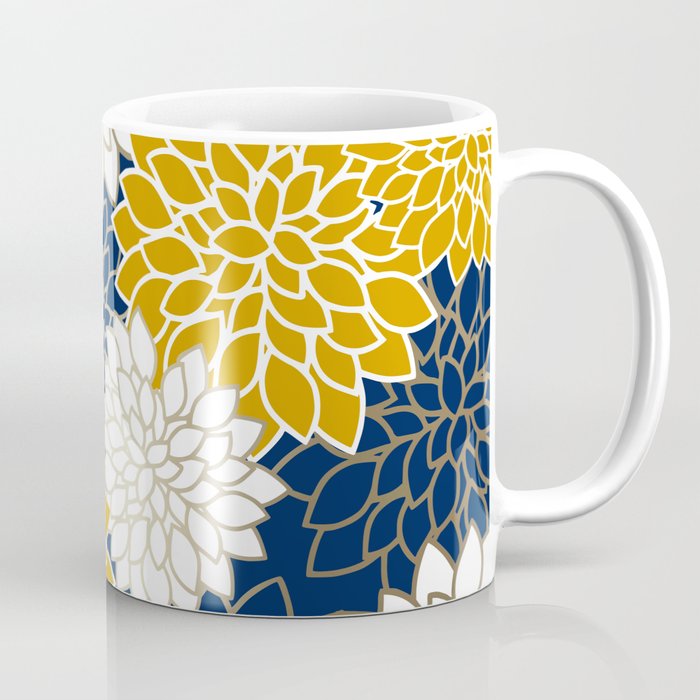 Dahlia Floral Blooms in Navy, Yellow, Gold and White Coffee Mug Gallery Image 1