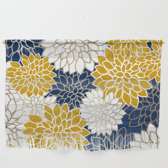 Dahlia Floral Blooms in Navy, Yellow, Gold and White Wall Hanging Gallery Image 1