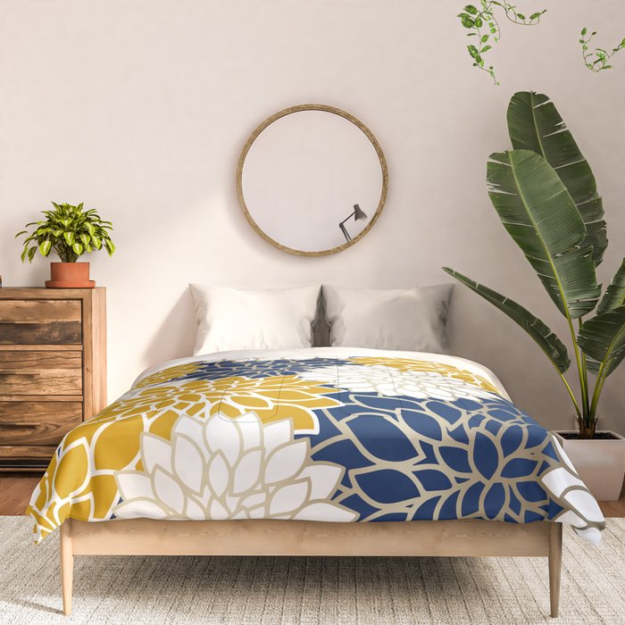 Dahlia Floral Blooms in Navy, Yellow, Gold and White Comforter Gallery Image 3