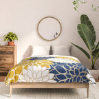 Dahlia Floral Blooms in Navy, Yellow, Gold and White Comforter Gallery Image 3