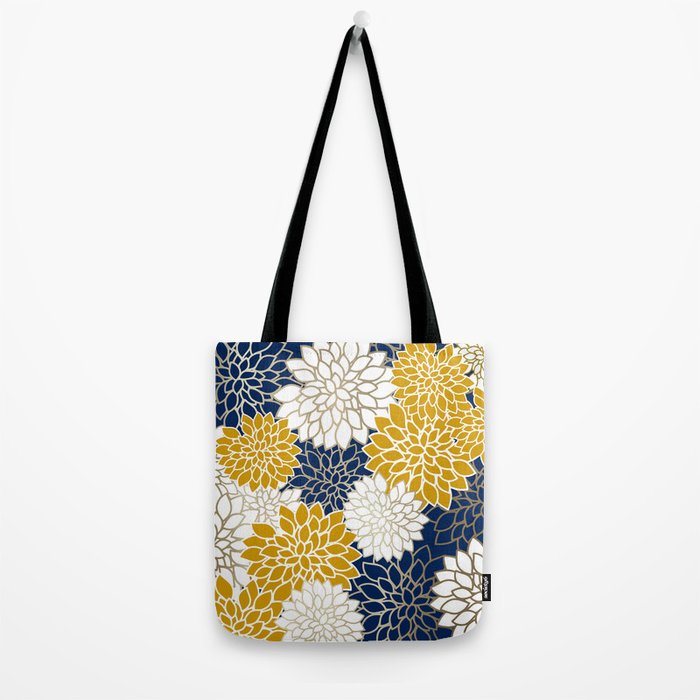 Dahlia Floral Blooms in Navy, Yellow, Gold and White Tote Bag Gallery Image 2