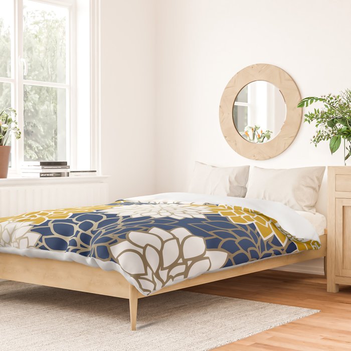 Dahlia Floral Blooms in Navy, Yellow, Gold and White Duvet Cover Gallery Image 2