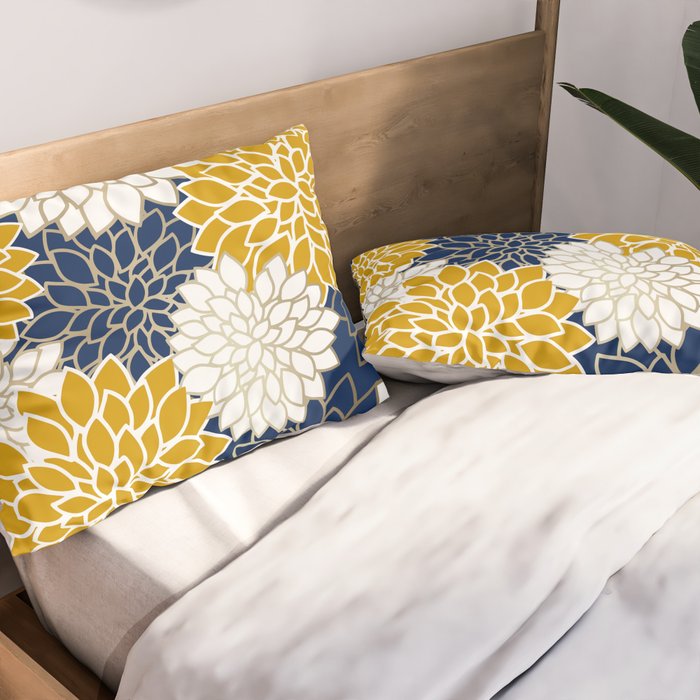 Dahlia Floral Blooms in Navy, Yellow, Gold and White Pillow Sham Gallery Image 2