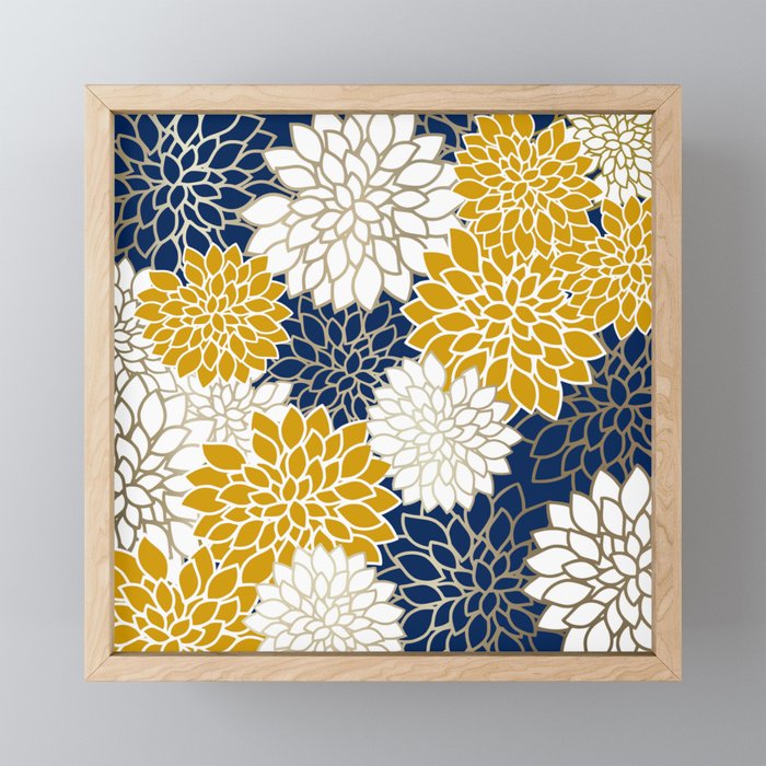 Dahlia Floral Blooms in Navy, Yellow, Gold and White Mini Art Print Gallery Image 1