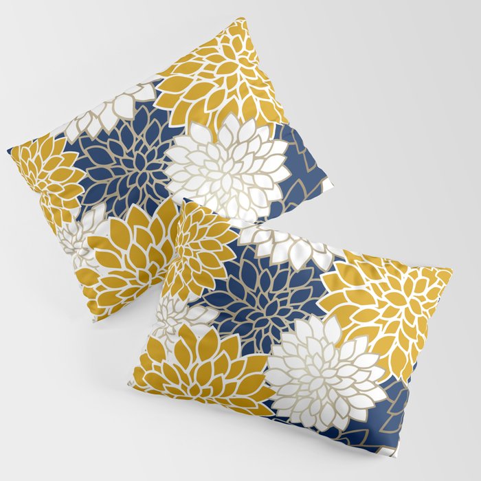 Dahlia Floral Blooms in Navy, Yellow, Gold and White Pillow Sham Gallery Image 1