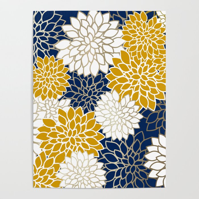 Dahlia Floral Blooms in Navy, Yellow, Gold and White Poster Gallery Image 1