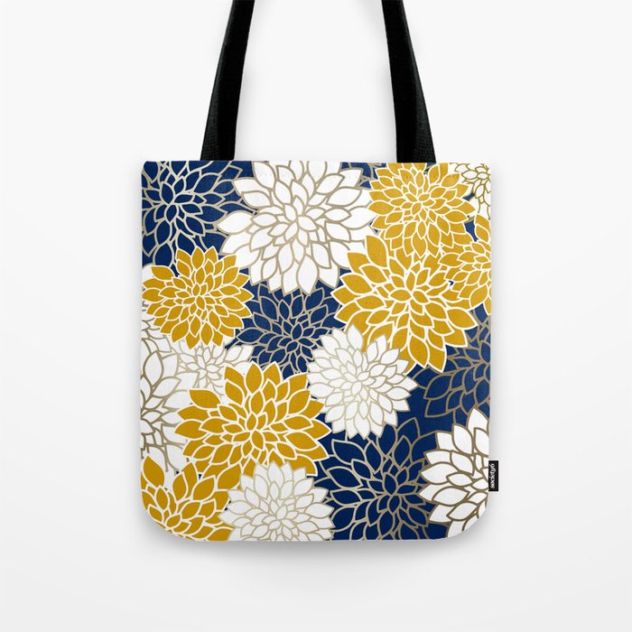 Dahlia Floral Blooms in Navy, Yellow, Gold and White Tote Bag Gallery Image 1