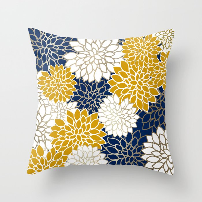 Dahlia Floral Blooms in Navy, Yellow, Gold and White Throw Pillow Gallery Image 6