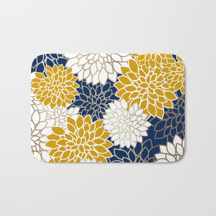 Dahlia Floral Blooms in Navy, Yellow, Gold and White Bath Mat Gallery Image 1