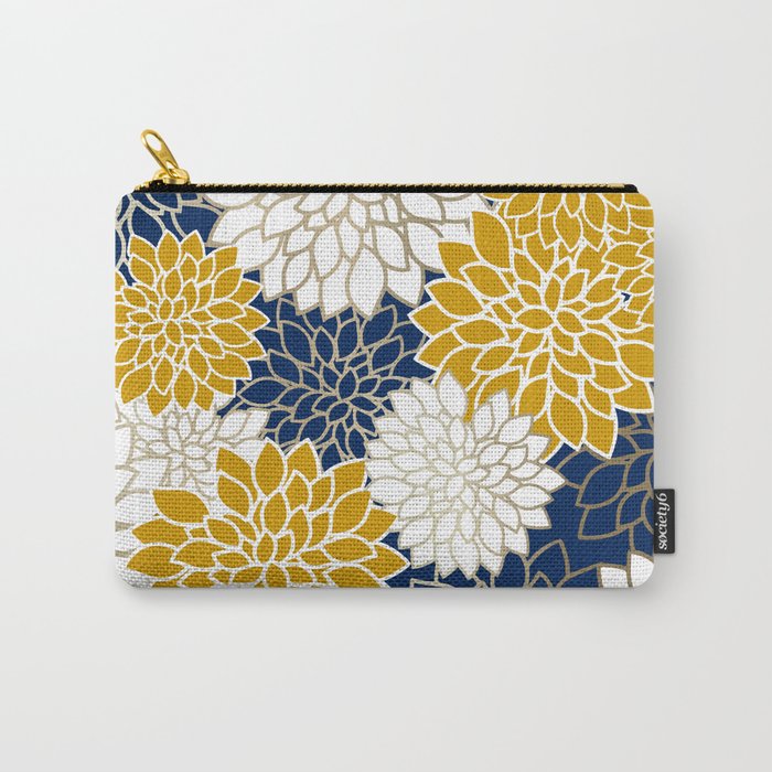 Dahlia Floral Blooms in Navy, Yellow, Gold and White Carry All Pouch Gallery Image 1
