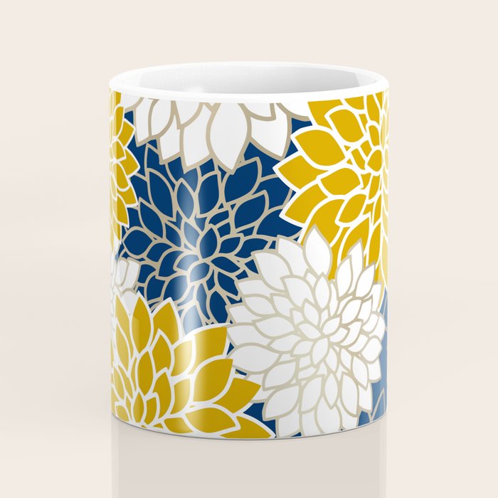 Dahlia Floral Blooms in Navy, Yellow, Gold and White Coffee Mug Gallery Image 4