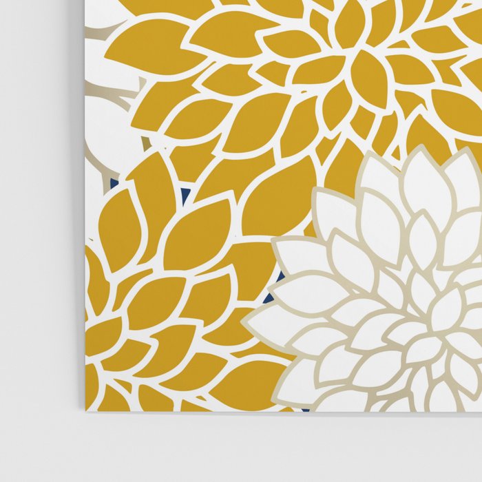 Dahlia Floral Blooms in Navy, Yellow, Gold and White Poster Gallery Image 3