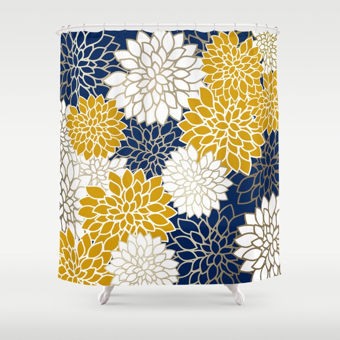 Dahlia Floral Blooms in Navy, Yellow, Gold and White Shower Curtain Gallery Image 1