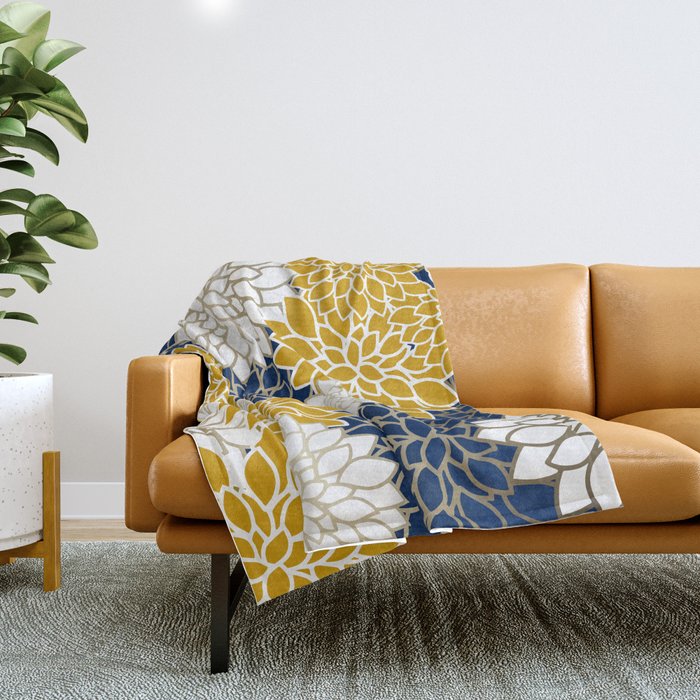 Dahlia Floral Blooms in Navy, Yellow, Gold and White Throw Blanket Gallery Image 1