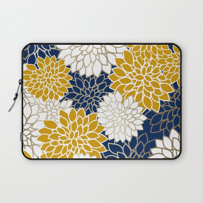 Dahlia Floral Blooms in Navy, Yellow, Gold and White Laptop Sleeve Gallery Image 1