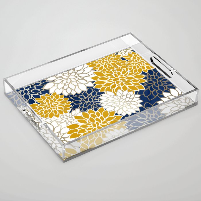 Dahlia Floral Blooms in Navy, Yellow, Gold and White Acrylic Tray Gallery Image 1