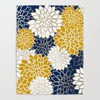 Dahlia Floral Blooms in Navy, Yellow, Gold and White Poster Gallery Image 4