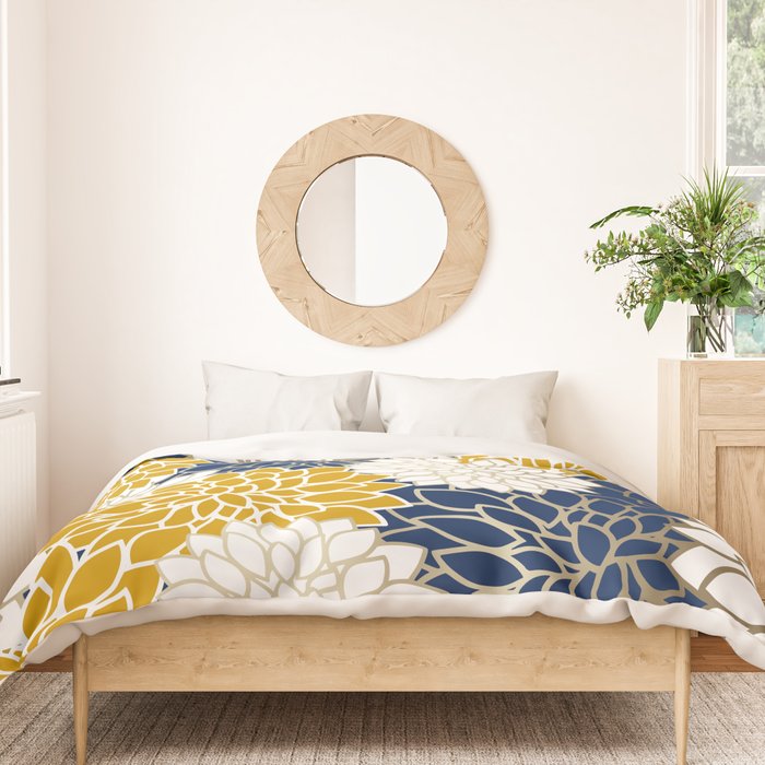 Dahlia Floral Blooms in Navy, Yellow, Gold and White Duvet Cover Gallery Image 3