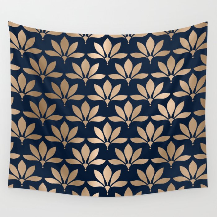 Gold and Navy Art Deco Leaf Design Wall Tapestry Gallery Image 4