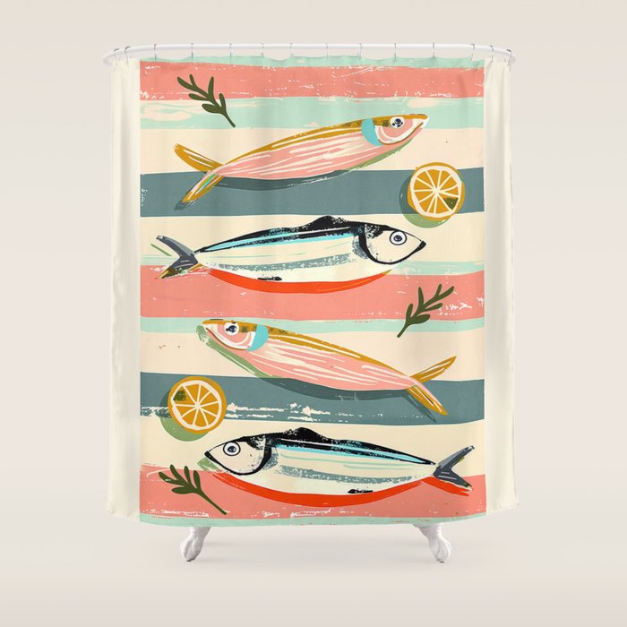Sardines on Stripes Shower Curtain Gallery Image 1