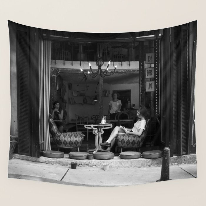 Morning coffee in a cafe - Black and white street photography Wall Tapestry Gallery Image 4