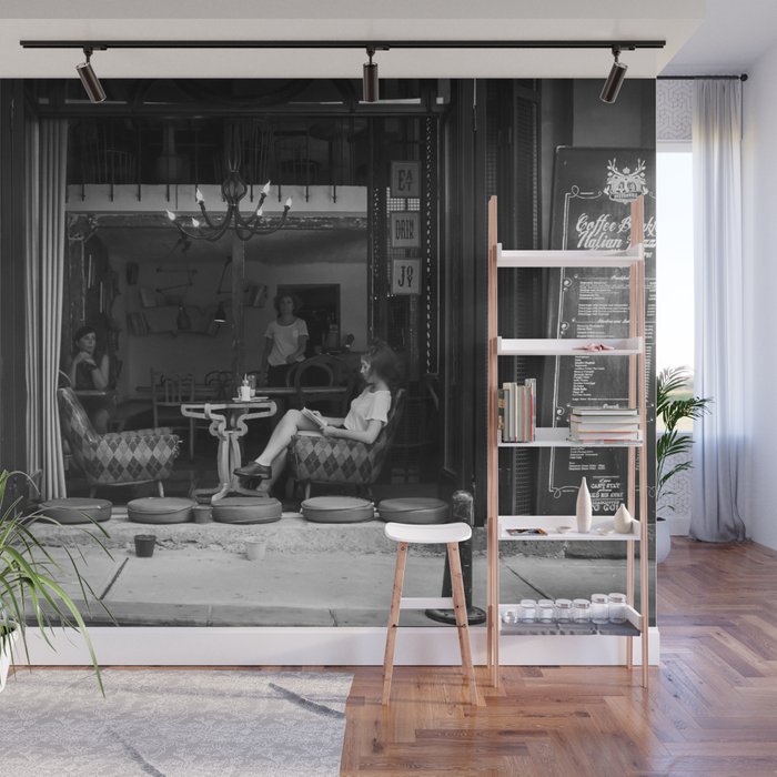 Morning coffee in a cafe - Black and white street photography Wall Mural Gallery Image 1