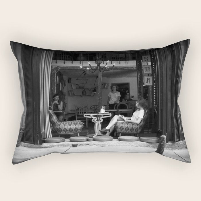 Morning coffee in a cafe - Black and white street photography Rectangular Pillow Gallery Image 1