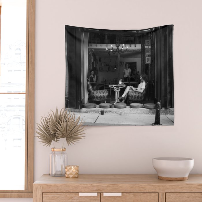 Morning coffee in a cafe - Black and white street photography Wall Tapestry Gallery Image 2