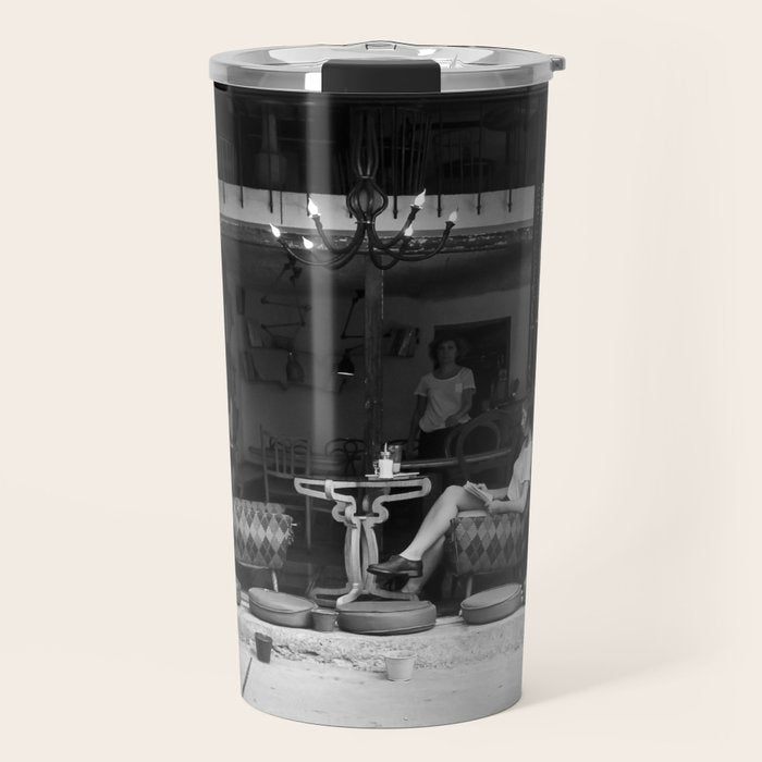 Morning coffee in a cafe - Black and white street photography Travel Mug Gallery Image 1
