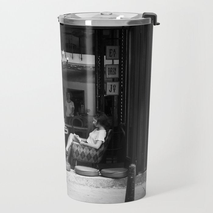 Morning coffee in a cafe - Black and white street photography Travel Mug Gallery Image 2