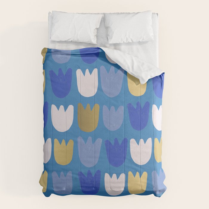 Rows of Tulips in Bloom in Navy Blue & Gold Metallic Comforter Gallery Image 1