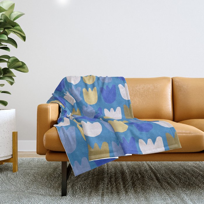 Rows of Tulips in Bloom in Navy Blue & Gold Metallic Throw Blanket Gallery Image 1