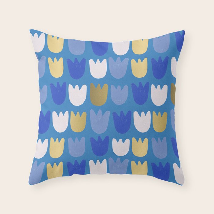 Rows of Tulips in Bloom in Navy Blue & Gold Metallic Throw Pillow Gallery Image 1
