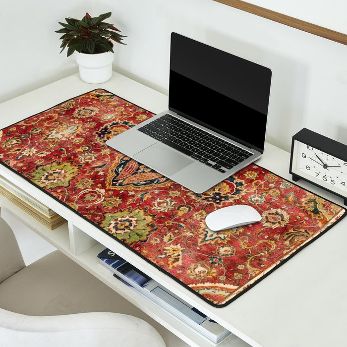 Indian Boho II // 16th Century Distressed Red Green Blue Flowery Colorful Ornate Rug Pattern Desk Mat Gallery Image 2