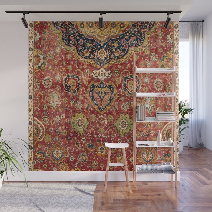 Indian Boho II // 16th Century Distressed Red Green Blue Flowery Colorful Ornate Rug Pattern Wall Mural Gallery Image 1