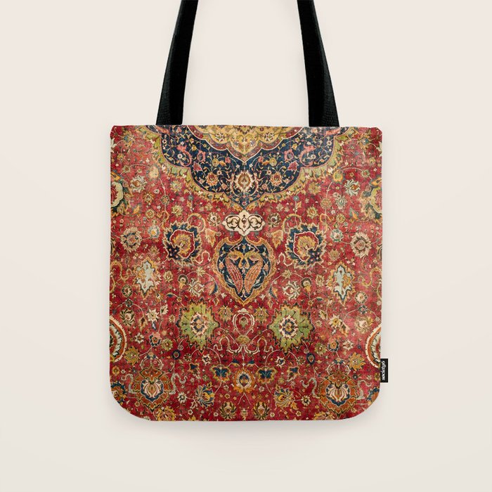 Indian Boho II // 16th Century Distressed Red Green Blue Flowery Colorful Ornate Rug Pattern Tote Bag Gallery Image 1
