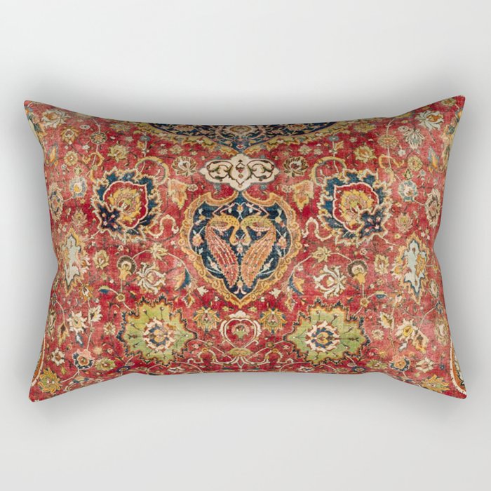Indian Boho II // 16th Century Distressed Red Green Blue Flowery Colorful Ornate Rug Pattern Rectangular Pillow Gallery Image 2