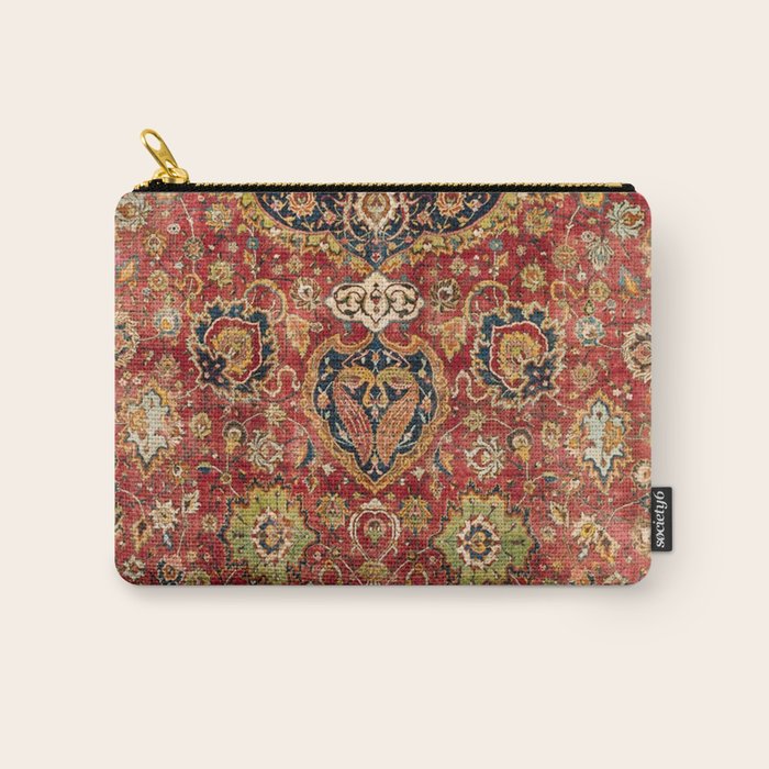 Indian Boho II // 16th Century Distressed Red Green Blue Flowery Colorful Ornate Rug Pattern Carry All Pouch Gallery Image 1