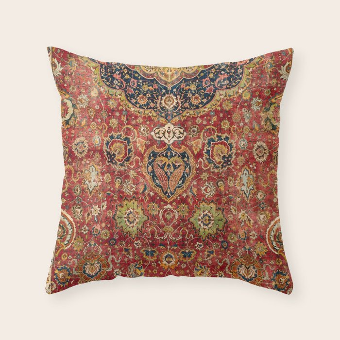Indian Boho II // 16th Century Distressed Red Green Blue Flowery Colorful Ornate Rug Pattern Throw Pillow Gallery Image 1