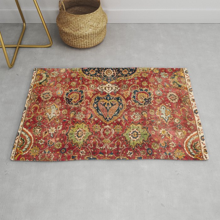 Indian Boho II // 16th Century Distressed Red Green Blue Flowery Colorful Ornate Rug Pattern Rug Gallery Image 1