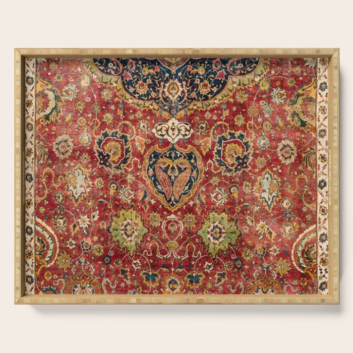 Indian Boho II // 16th Century Distressed Red Green Blue Flowery Colorful Ornate Rug Pattern Serving Tray Gallery Image 1