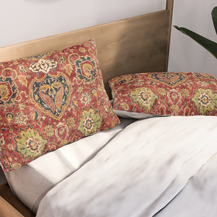 Indian Boho II // 16th Century Distressed Red Green Blue Flowery Colorful Ornate Rug Pattern Pillow Sham Gallery Image 2