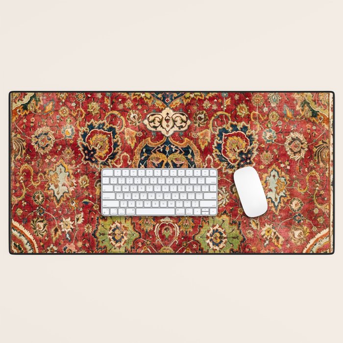 Indian Boho II // 16th Century Distressed Red Green Blue Flowery Colorful Ornate Rug Pattern Desk Mat Gallery Image 1