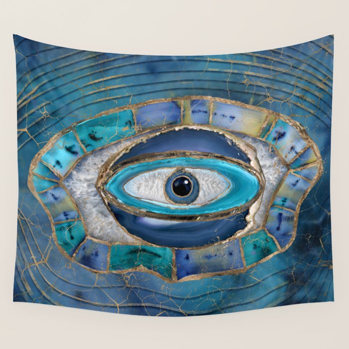 Evil Eye Amulet Agate and gold Wall Tapestry